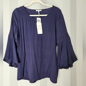 Pleione Navy Bell Sleeve Tunic with Crochet Trim
